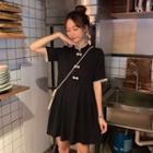Lace Trim Frog-button Stand Collar Short-sleeve Dress Black - One Size