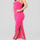 Spaghetti Strap Shirred Slit Maxi Bodycon Dress