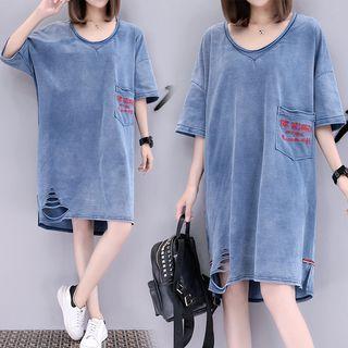 Letter Embroidered Elbow Sleeve Denim Dress