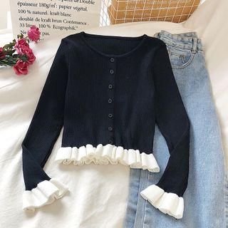 Long-sleeve Buttoned Frill Trim Knit Top Black - One Size