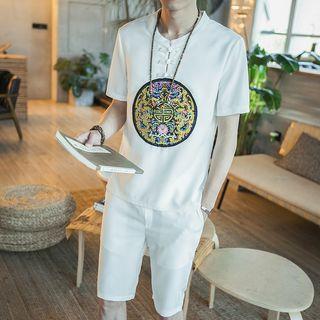 Set: Short-sleeve Embroidered Hanfu Top + Shorts