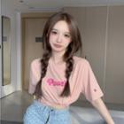 Short-sleeve Lettering T-shirt T-shirt - Peach Pink - One Size