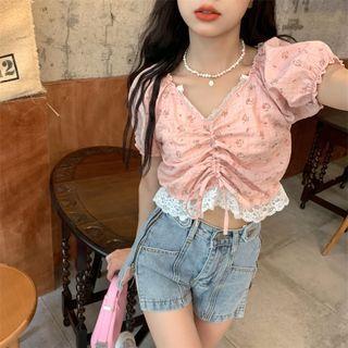 Puff-sleeve Floral Printed Drawstring Top