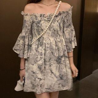 Off-shoulder Print Mini A-line Dress Gray - One Size