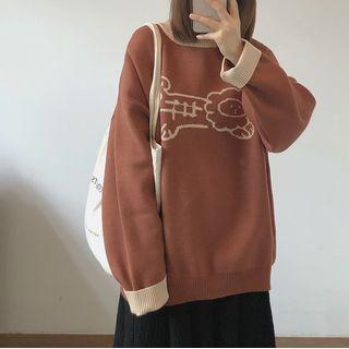 Lion Jacquard Sweater Brick Red - One Size