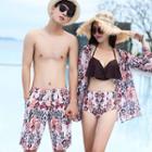 Couple Matching Set: Printed Bikini + Cover-up / Drawstring Printed Swim Shorts