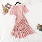 Ruched Front Asymmetric Ruffle Hem Short-sleeve Dress