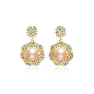 Sterling Silver Plated Gold Fashion Elegant Flowers Pink Freshwater Pearl Earrings With Cubic Zirconia Golden - One Size