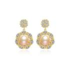 Sterling Silver Plated Gold Fashion Elegant Flowers Pink Freshwater Pearl Earrings With Cubic Zirconia Golden - One Size