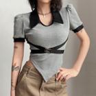 Short-sleeve Two-tone Buckled Cropped T-shirt