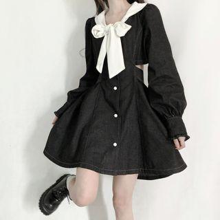 Long-sleeve Bow Button-up Denim Mini Dress