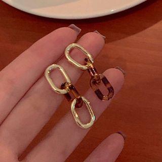 Hoop Link Drop Earring 1 Pair - 925 Silver Stud - Amber & Gold - One Size
