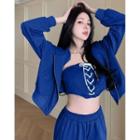 Set Of 3: Plain Zip Hooded Jacket + Lace-up Tube Top + Plain Straight Leg Sweatpants