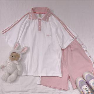 Short-sleeve Heart Embroidered Polo Shirt / Wide Leg Shorts