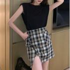 Plain Tank Top / Plaid Asymmetrical Mini Pencil Skirt