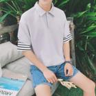 Mock Two Piece Striped Panel Elbow Sleeve Polo Shirt