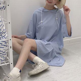 Plain Loose-fit 3/4-sleeve Hooded Dress