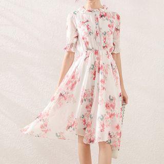 Ruffle Trim Floral Midi A-line Dress