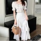 Short-sleeve Lace Trim Cropped Blouse / Tiered Midi Skirt