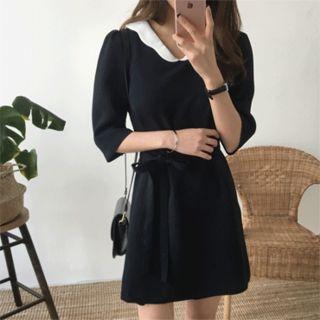 Contrast-collar Elbow-sleeve Shirtdress With Sash