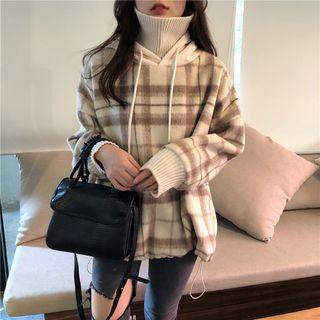 Mock Two Piece Turtleneck Plaid Hoodie