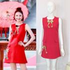 Sleeveless Bow-accent Button-detail Dress