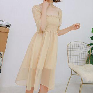Bell-sleeve Smocked Midi Chiffon Dress