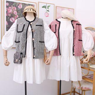 Set: Wool Vest + Bubble-sleeved A-line Dress