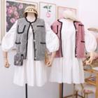 Set: Wool Vest + Bubble-sleeved A-line Dress