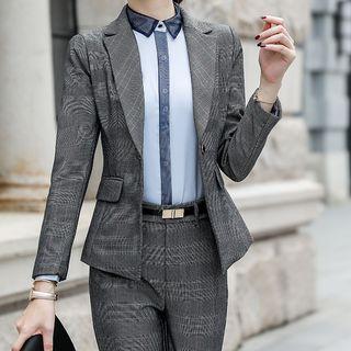 Plaid Slim-fit Blazer / Contrast-trim Shirt / Dress Pants / Pencil Skirt / Set