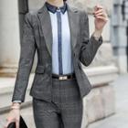 Plaid Slim-fit Blazer / Contrast-trim Shirt / Dress Pants / Pencil Skirt / Set