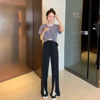 Striped Short-sleeve Cropped T-shirt / Plain Pants
