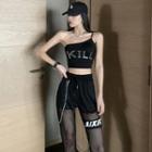 Rhinestone Lettering Cropped Camisole Top / Mesh Panel Sweatpants / Pants Chain / Set