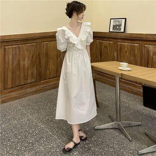 Puff-sleeve V-neck Ruffled Midi A-line Dress