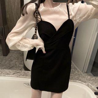 Puff-sleeve Blouse / V-neck Spaghetti Strap Dress