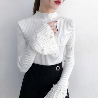 Mock Turtleneck Bell-sleeve Faux Pearl Accent Knit Top