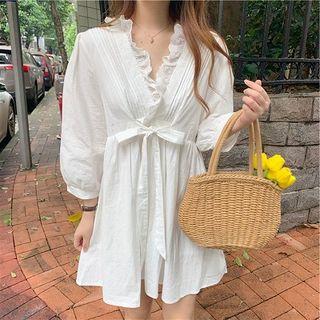 Ruffle Trim Long-sleeve Mini A-line Dress White - One Size