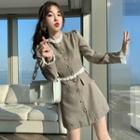 Long-sleeve Plaid Lace Trim Mini A-line Dress
