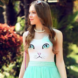 Bow-accent Cat Print Tank Top