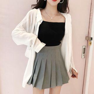 Spaghetti Strap Top / Pleated Mini Skirt / Shirt