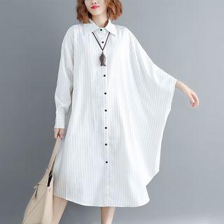 3/4-sleeve Midi Striped Shirt Dress