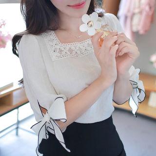 Crochet-trim Beribboned-sleeve Top