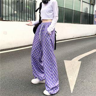 Drawstring Waist Checkered Straight Leg Pants