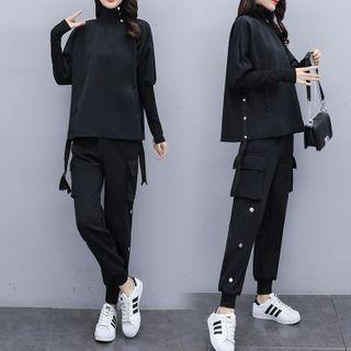Set: Side-buttoned Mock Neck Top + Cargo Pants