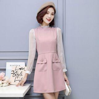 Stand-collar Panel Long-sleeve Knit Dress