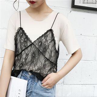 Set : Short-sleeve Top + Lace Spaghetti Strap Top