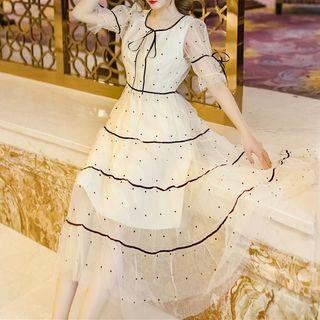 Dotted Short-sleeve A-line Midi Mesh Dress