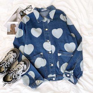 Long-sleeve Heart Printed Denim Jacket Denim - One Size