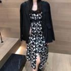 Plain Single-breasted Blouse / Flower Print Overall Dress