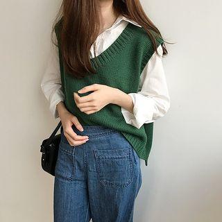 Plain V-neck Cropped Knit Vest